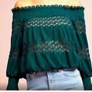 Anthropologie- Deletta“Riley Off Shoulder Lace Sheer Top”, WM’S M “Emerald Grn”